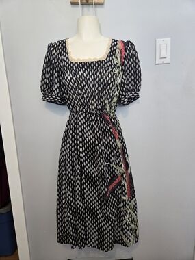 Vintage Black Midi Dress with Cream Print and Red-Green Floral Side